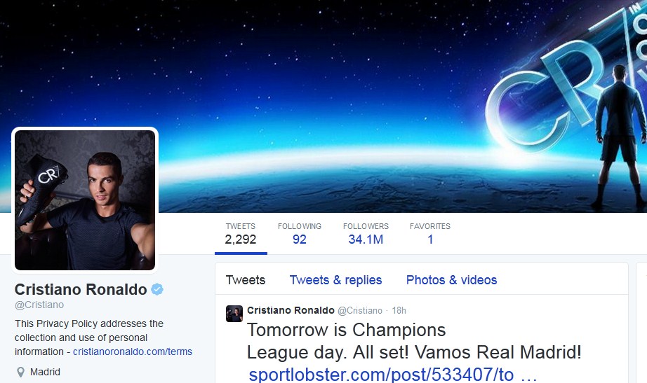 tampilan Twitter Ronaldo